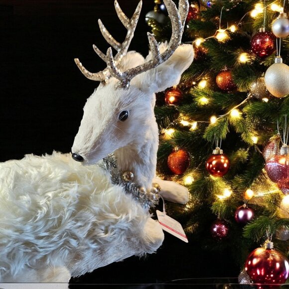 White Fur Sitting Deer - Sparkle Antlers - Christmas Collar - Home Decor - Picture 6 of 6